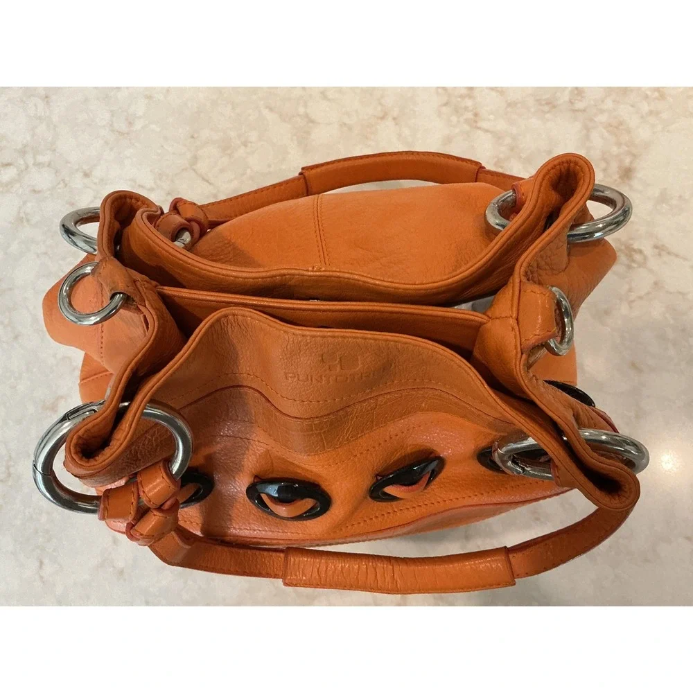 Puntotres Barcelona VINTAGE Orange Leather Satchel Crossbody Bucket Bag‎